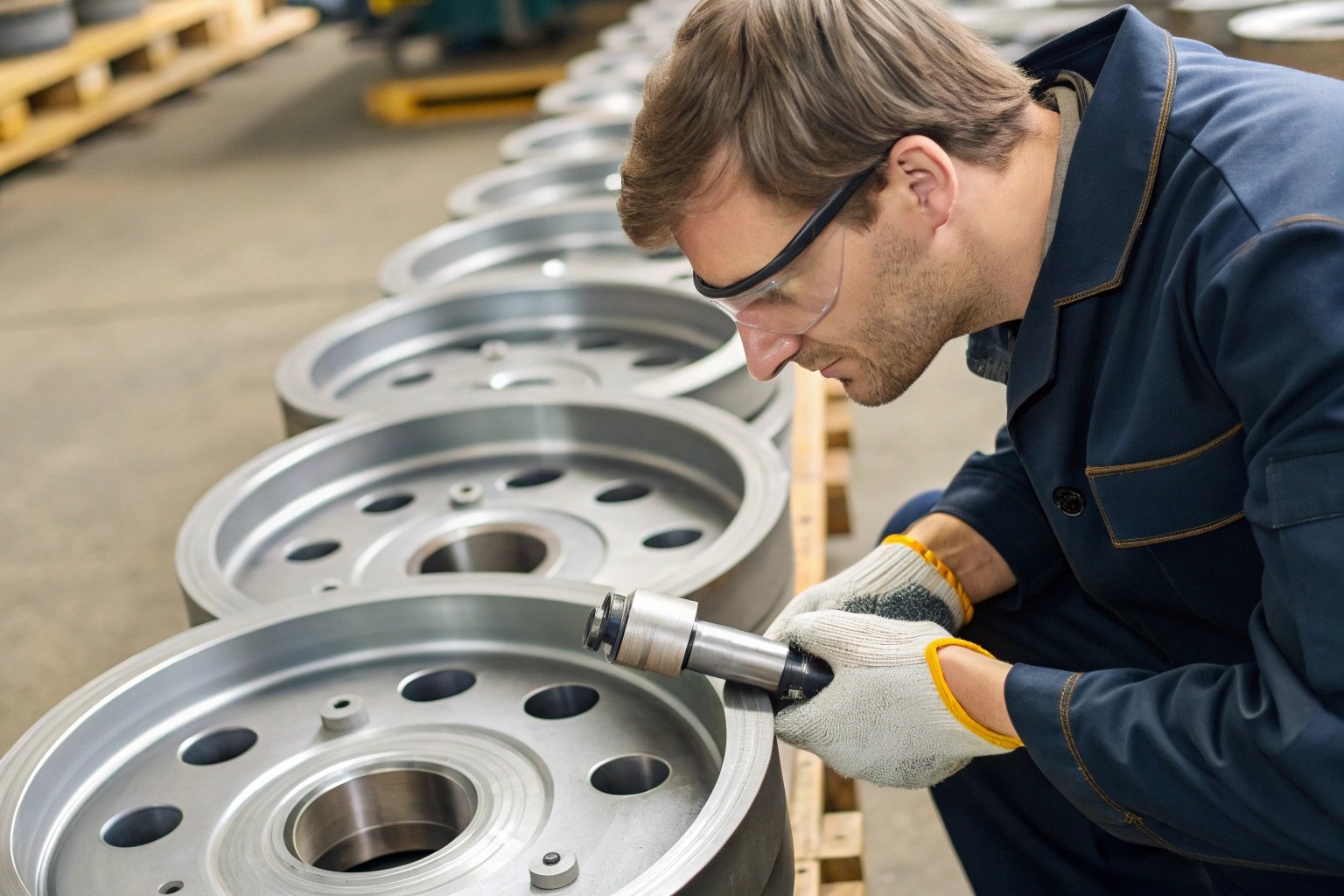 Technician inspecting metal wheel components with inspection tool