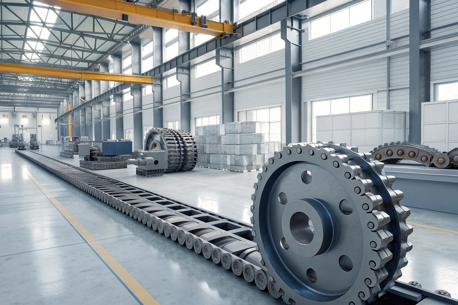 Large gears and machinery inside industrial manufacturing facilit