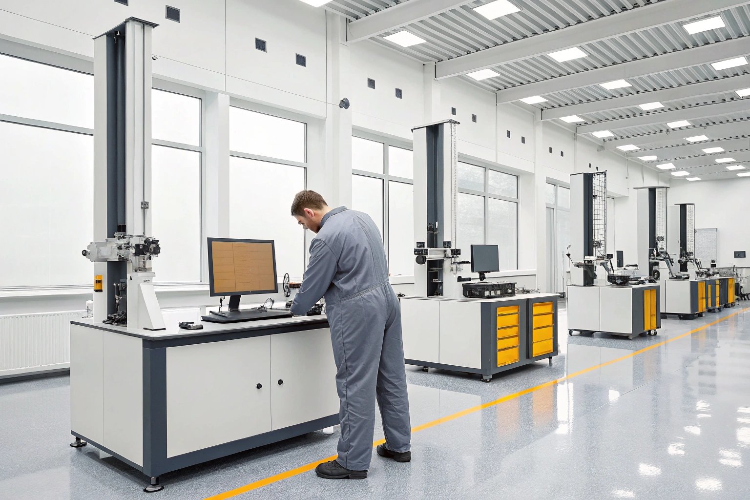 Technician using machinery in bright workspace