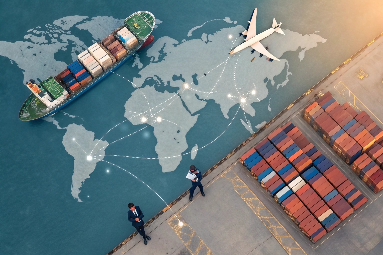 Global logistics network with cargo ship and airplane