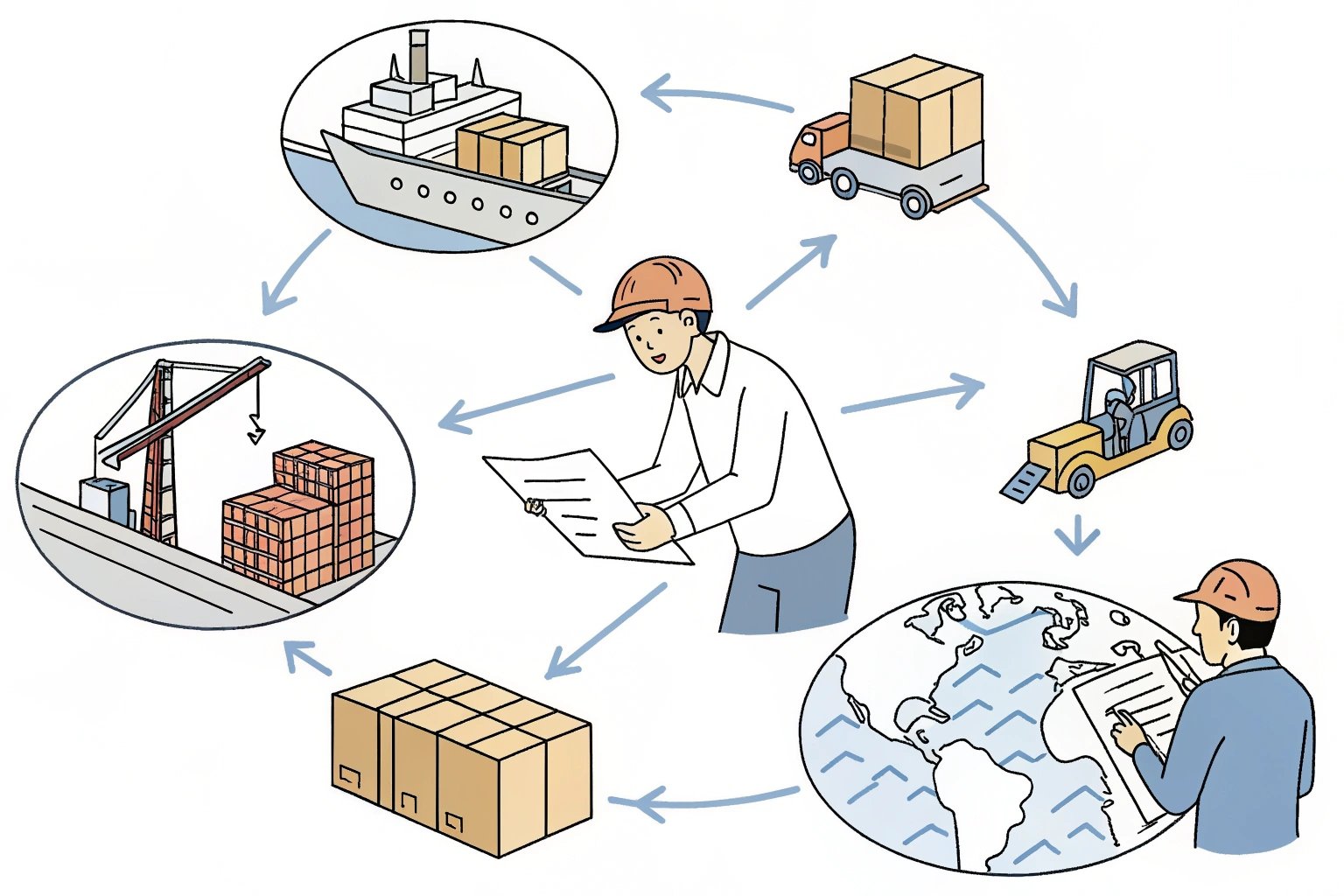 Illustration showing global logistics process with managers