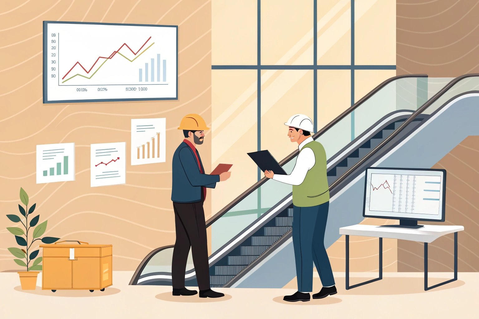 Illustration of managers discussing project with charts