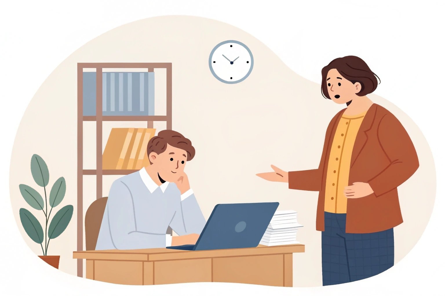 Illustration of two colleagues discussing work in office setting