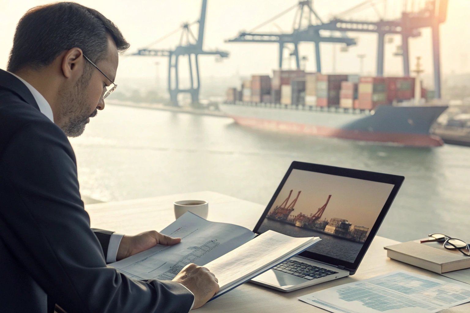 Man reviewing logistics over laptop near shipyard