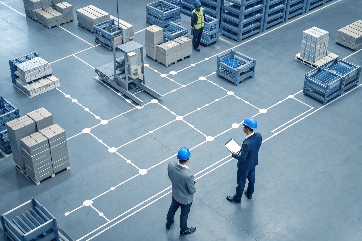 Workers discussing logistics in organized warehouse