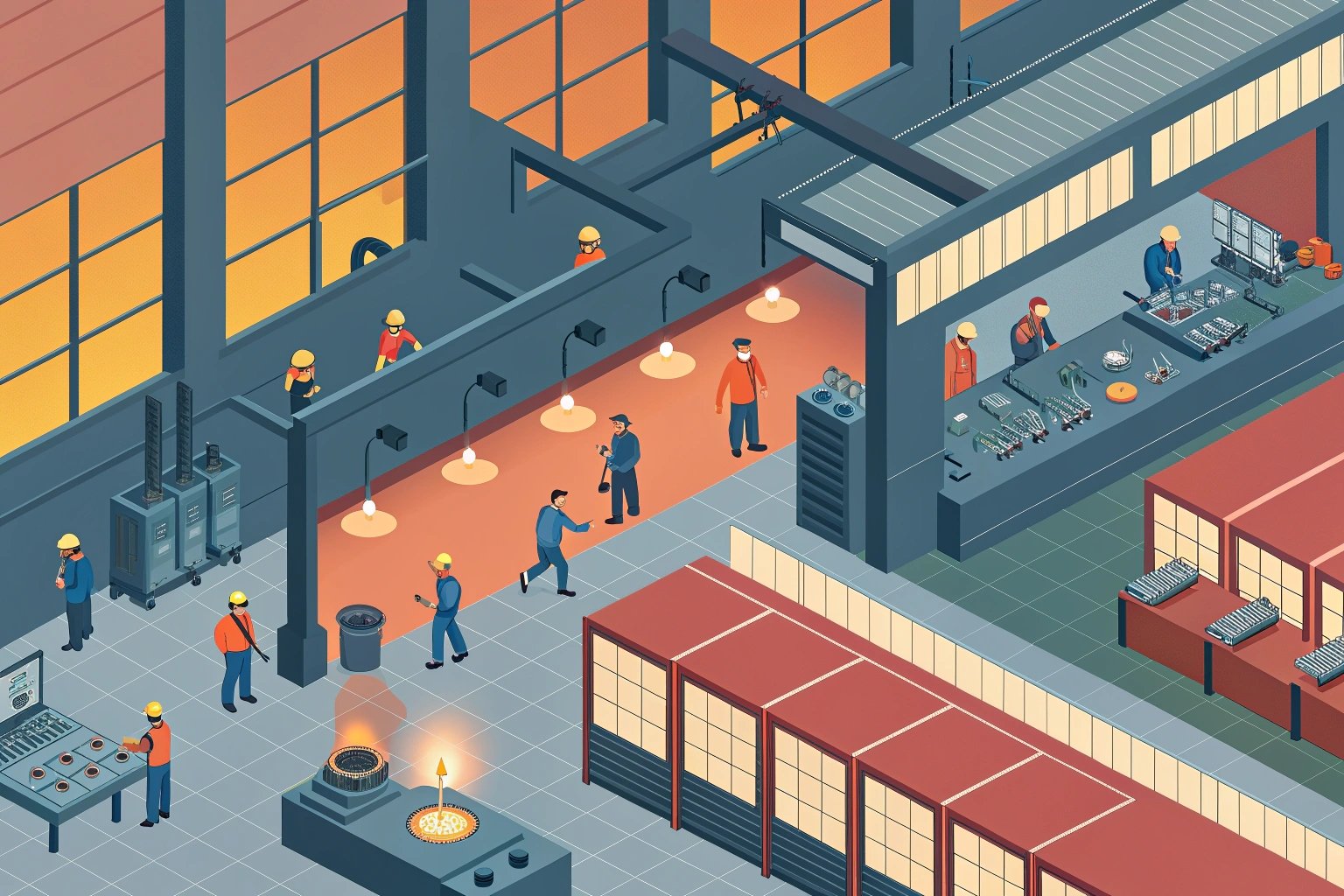 Illustration of industrial workers in factory setting