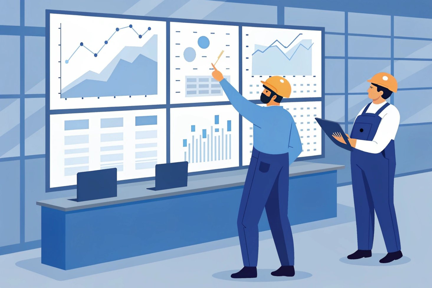 Illustration of engineers analyzing data charts