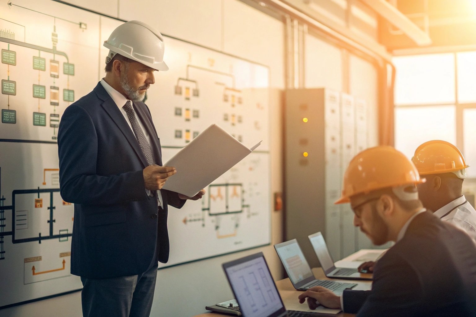 Engineers strategize operations next to digital flow chart board (≤15 words)