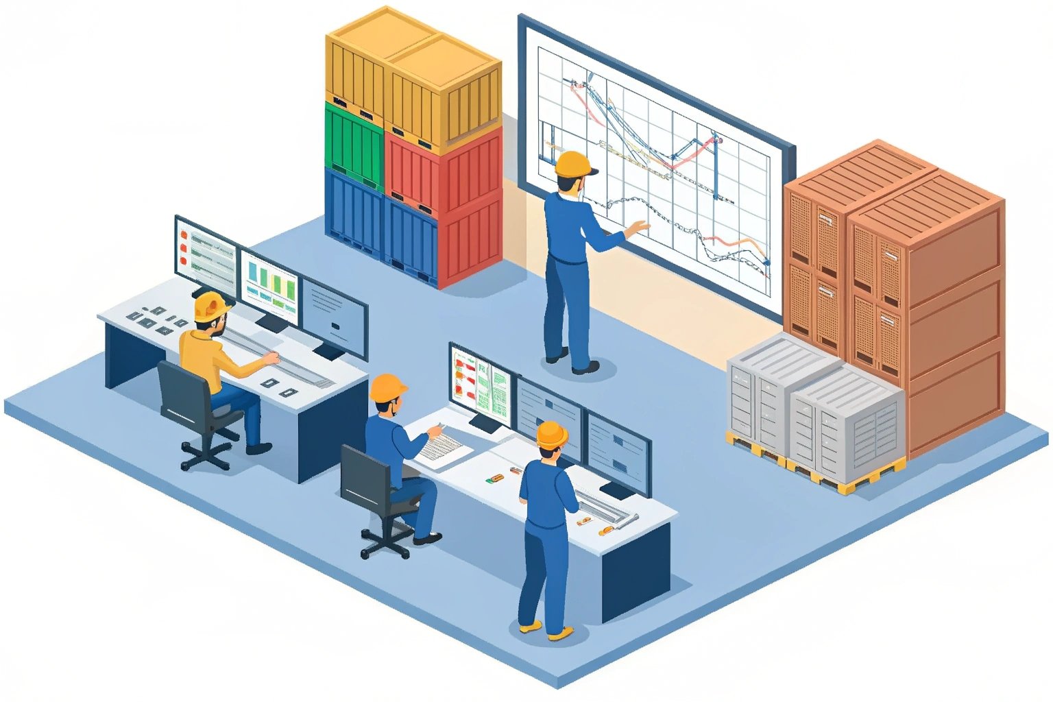 Illustration of workers monitoring logistics data in control room (≤15 words)