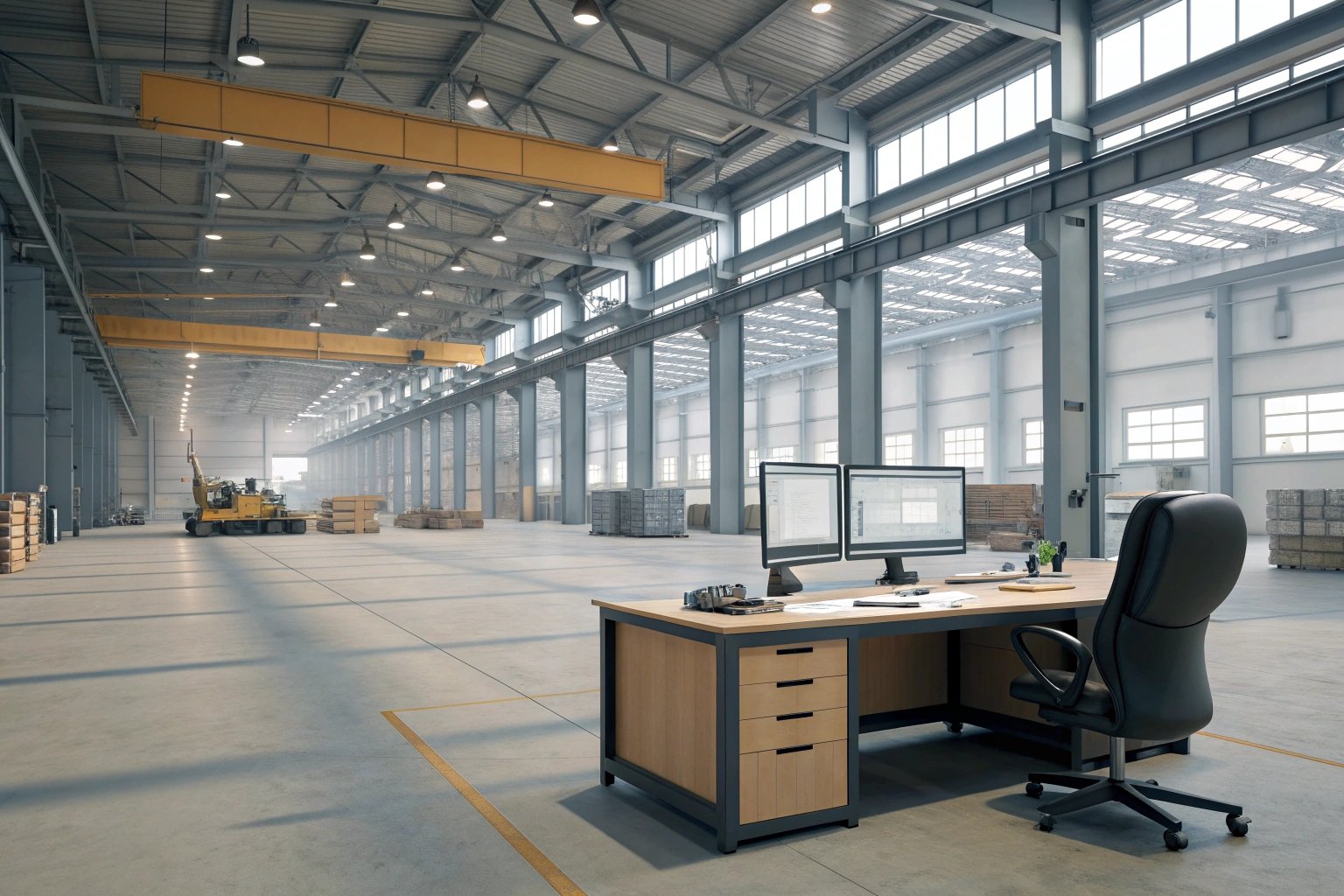 Spacious modern warehouse with empty floor and double screens (≤15 words)