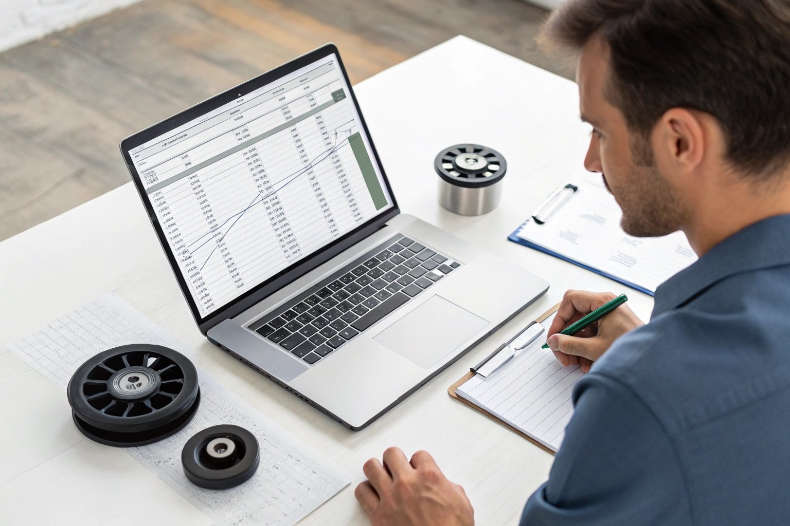 Man analyzing spreadsheet data on laptop with rollers next to him