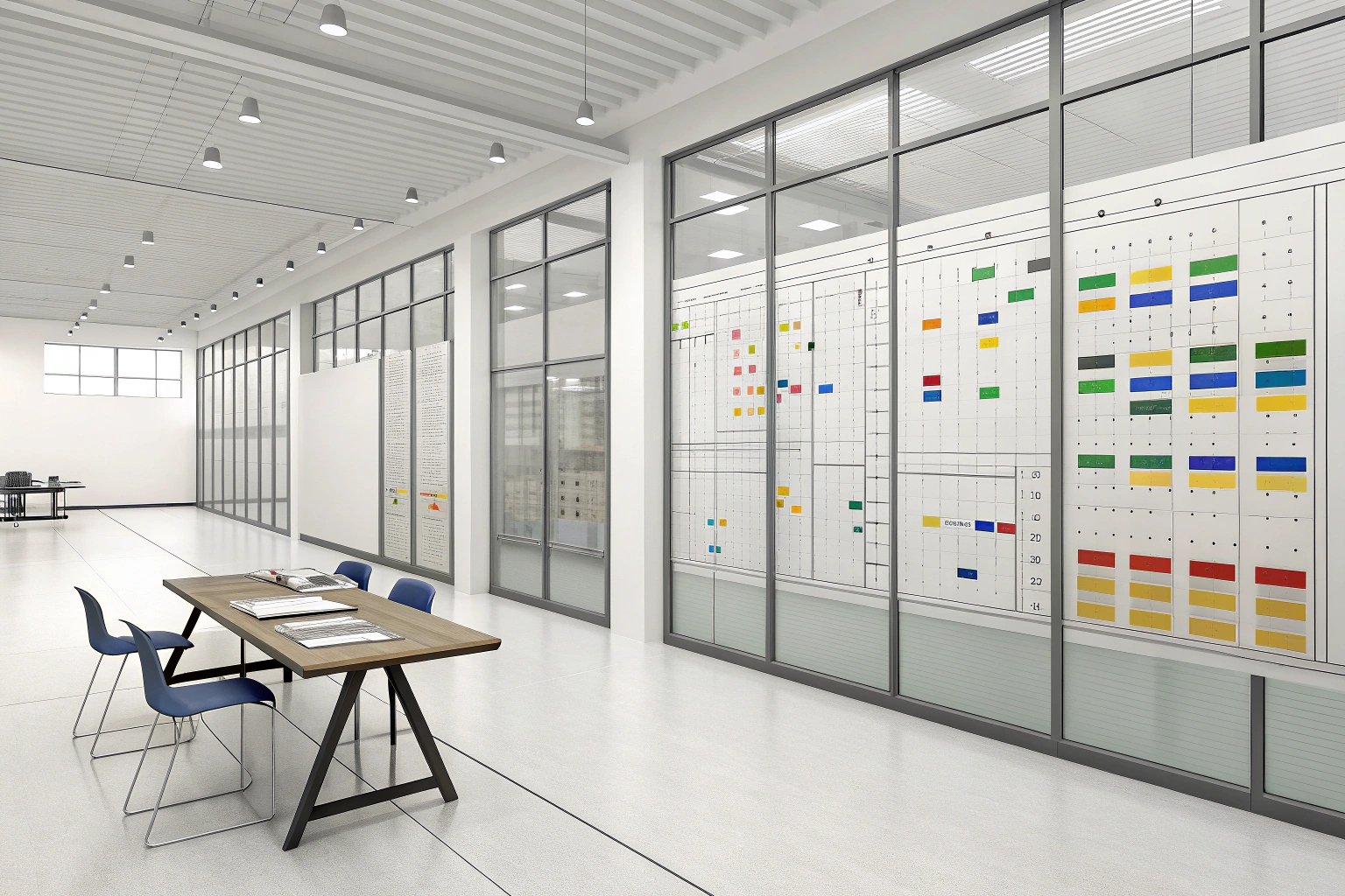 Modern meeting room with wall charts and tables