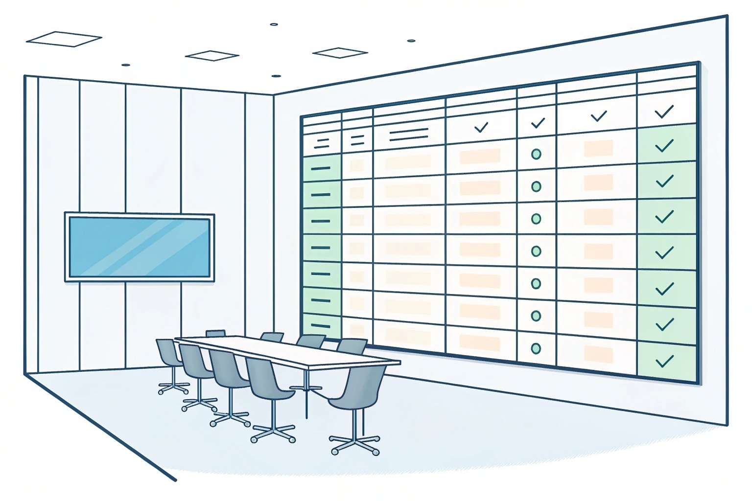 Illustration of meeting room with large wall calendar