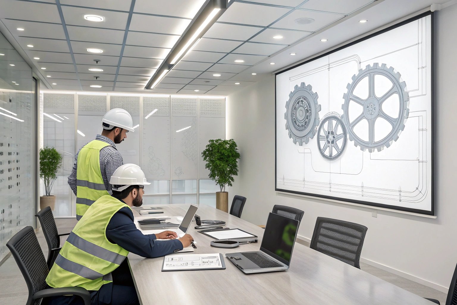 Team meeting analyzing mechanical designs on conference room screen (≤15 words)