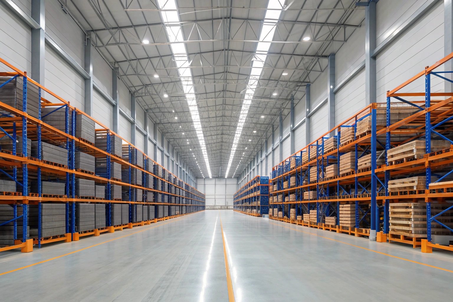 Spacious warehouse with organized storage racks