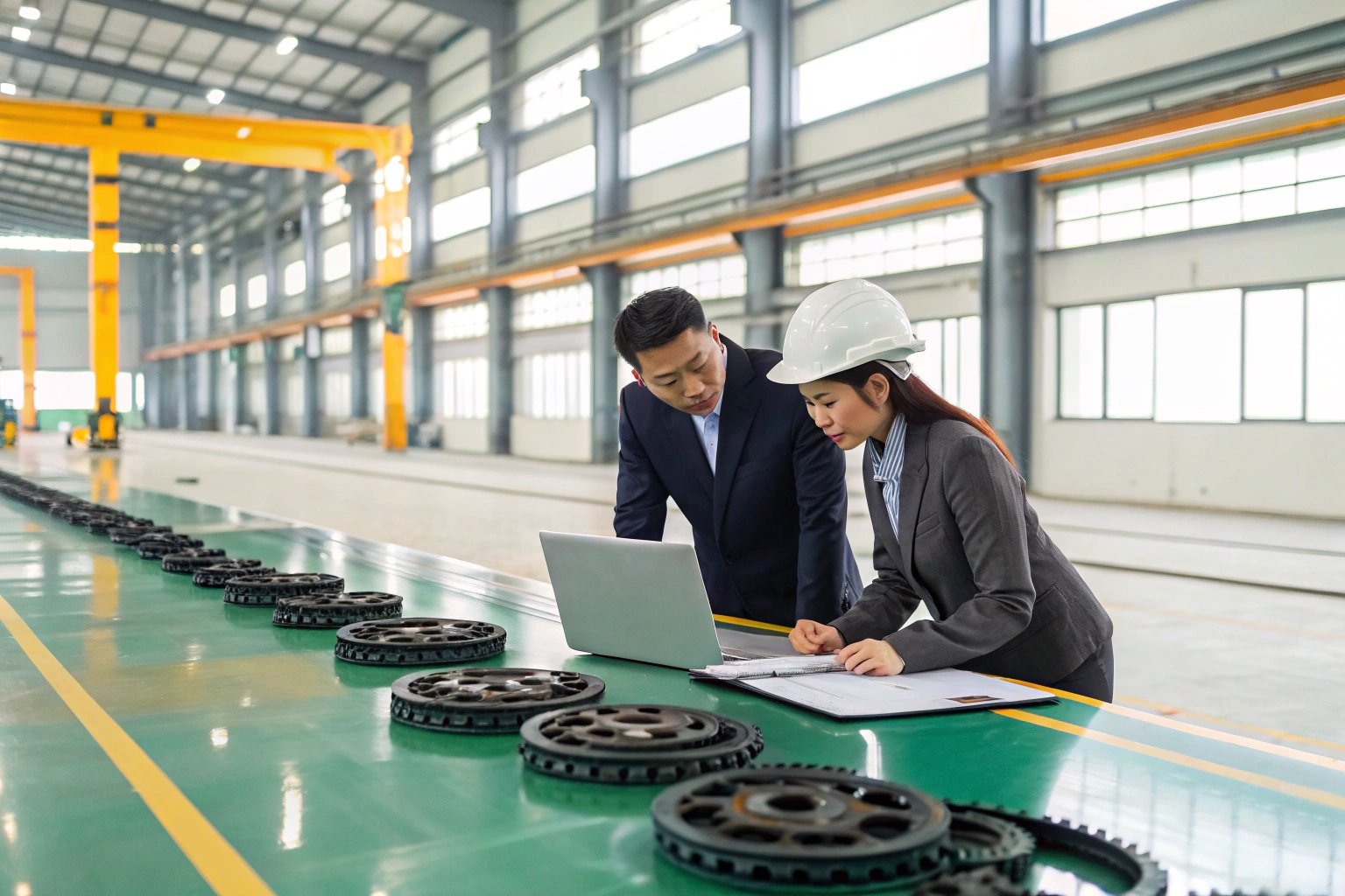Factory meeting with engineers reviewing components