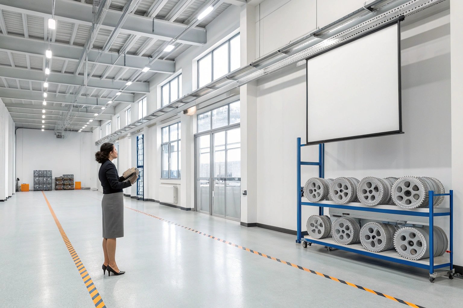 Warehouse manager standing near gear shelf