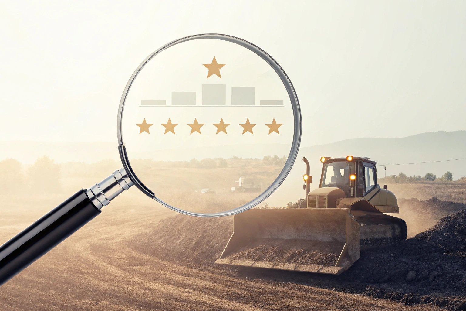 Construction quality inspection with magnifying glass and bulldozer