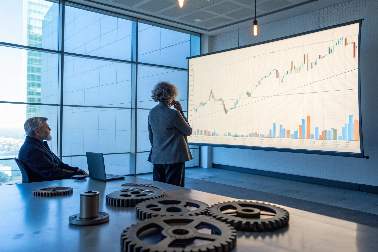 Executives reviewing charts in modern office setting