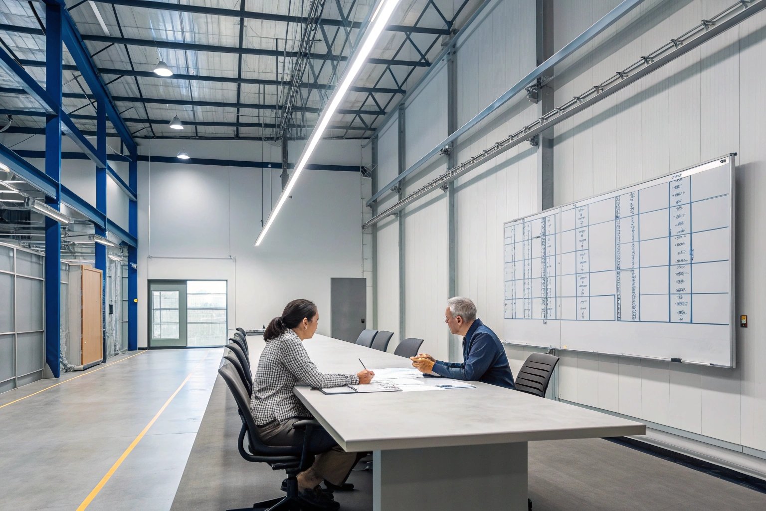 Two professionals in industrial office meeting