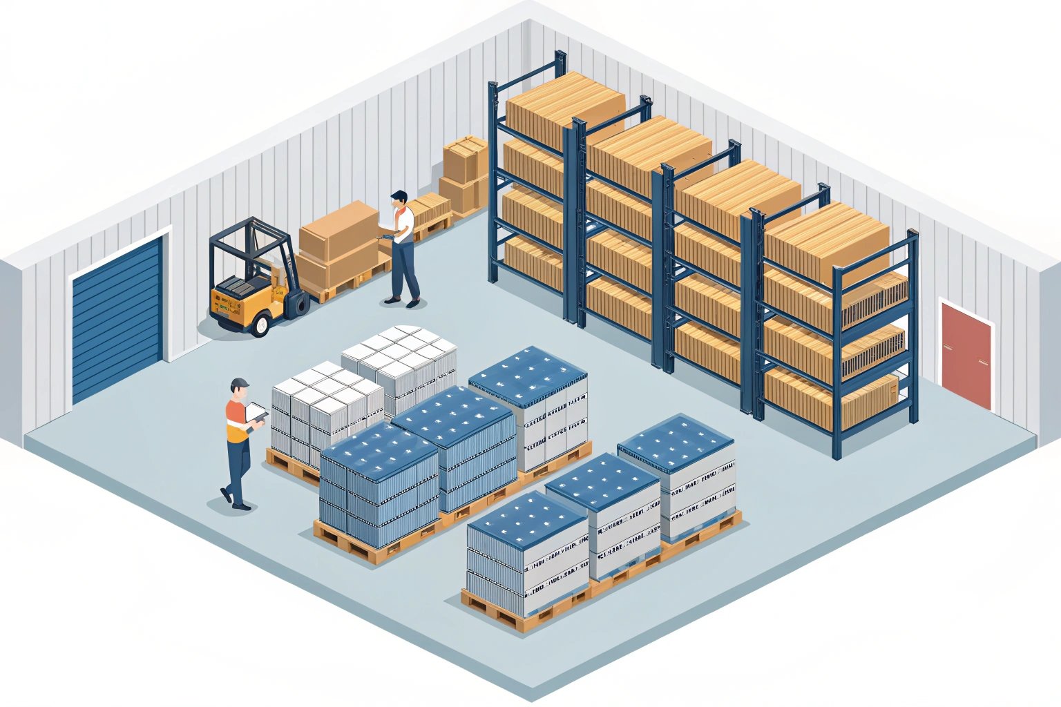 Illustration of organized warehouse storage with workers checking inventory (≤15 words)