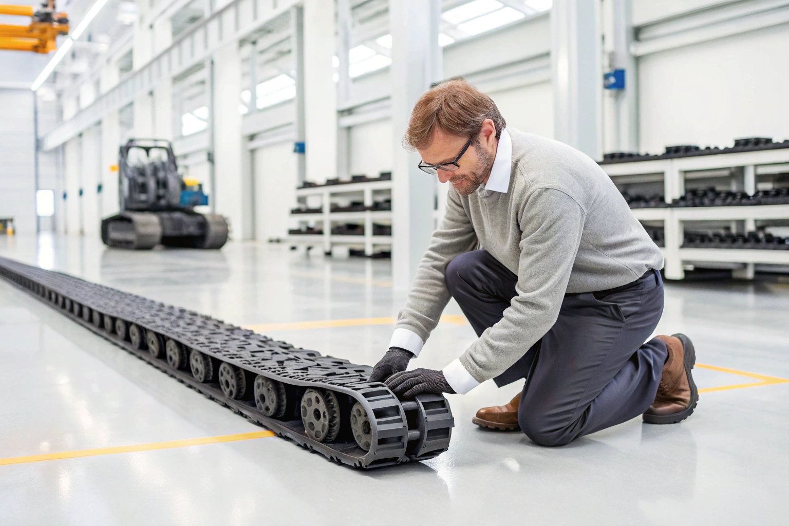 Engineer performing a quality control inspection on a continuous track in a clean factory.