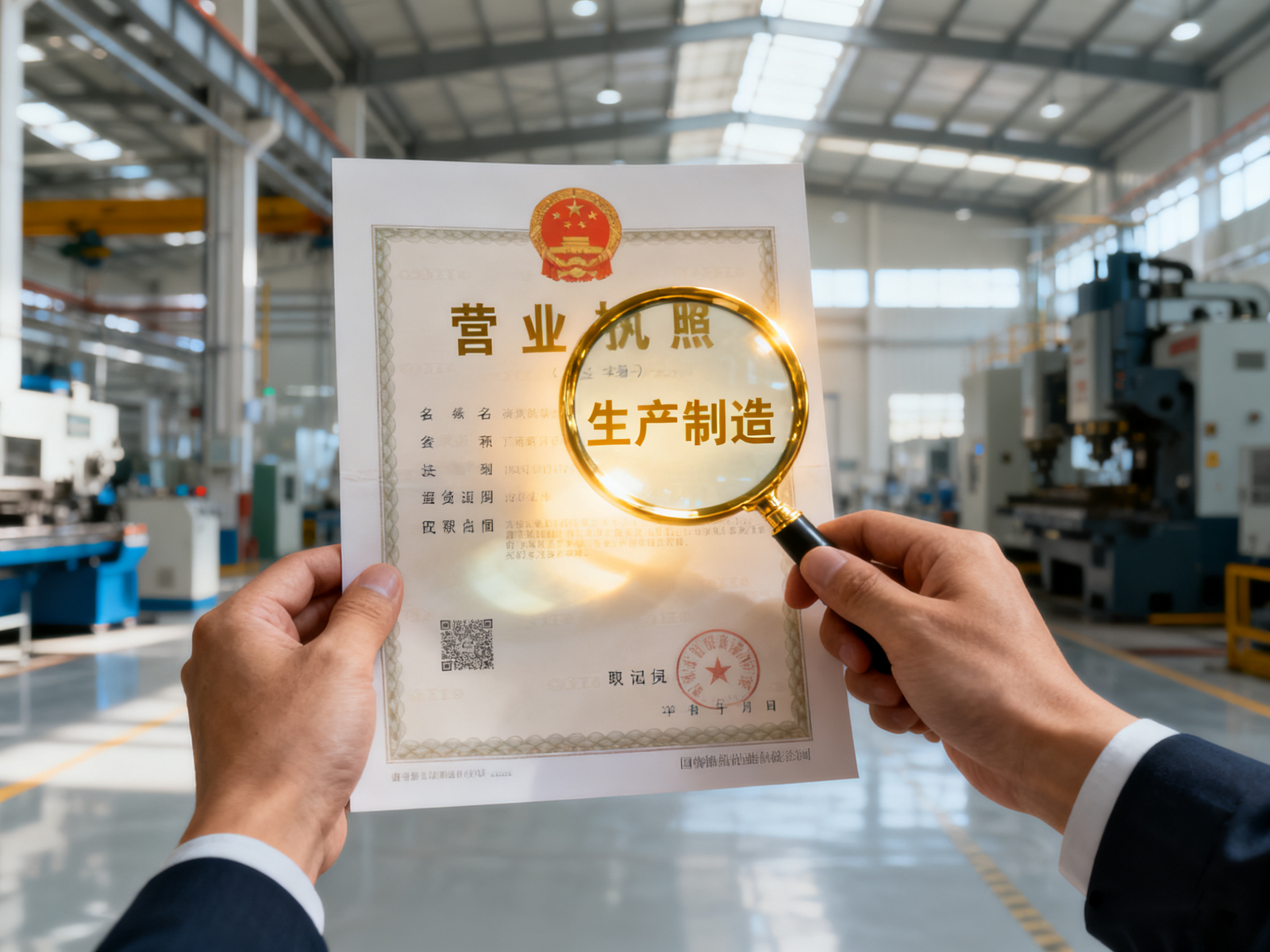 Magnifying glass inspecting the manufacturing section of a Chinese business license in a factory.