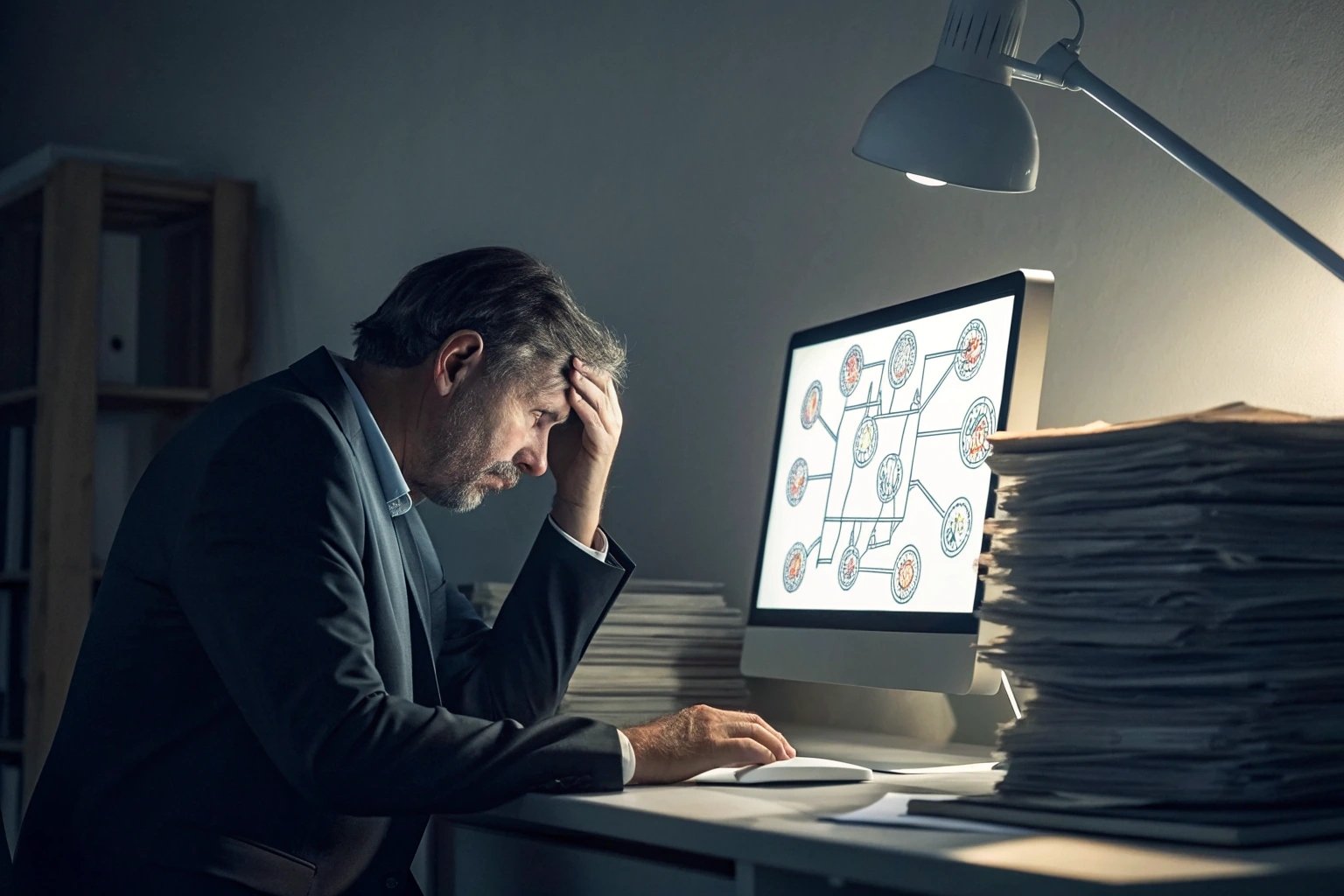 Stressed businessman analyzing a complex engineering diagram on his computer in a dark office.