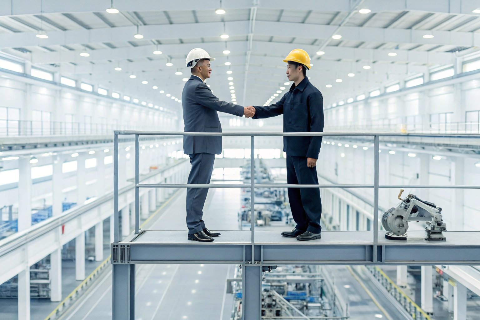 Two professionals in hard hats shaking hands on a platform overlooking a modern factory floor.
