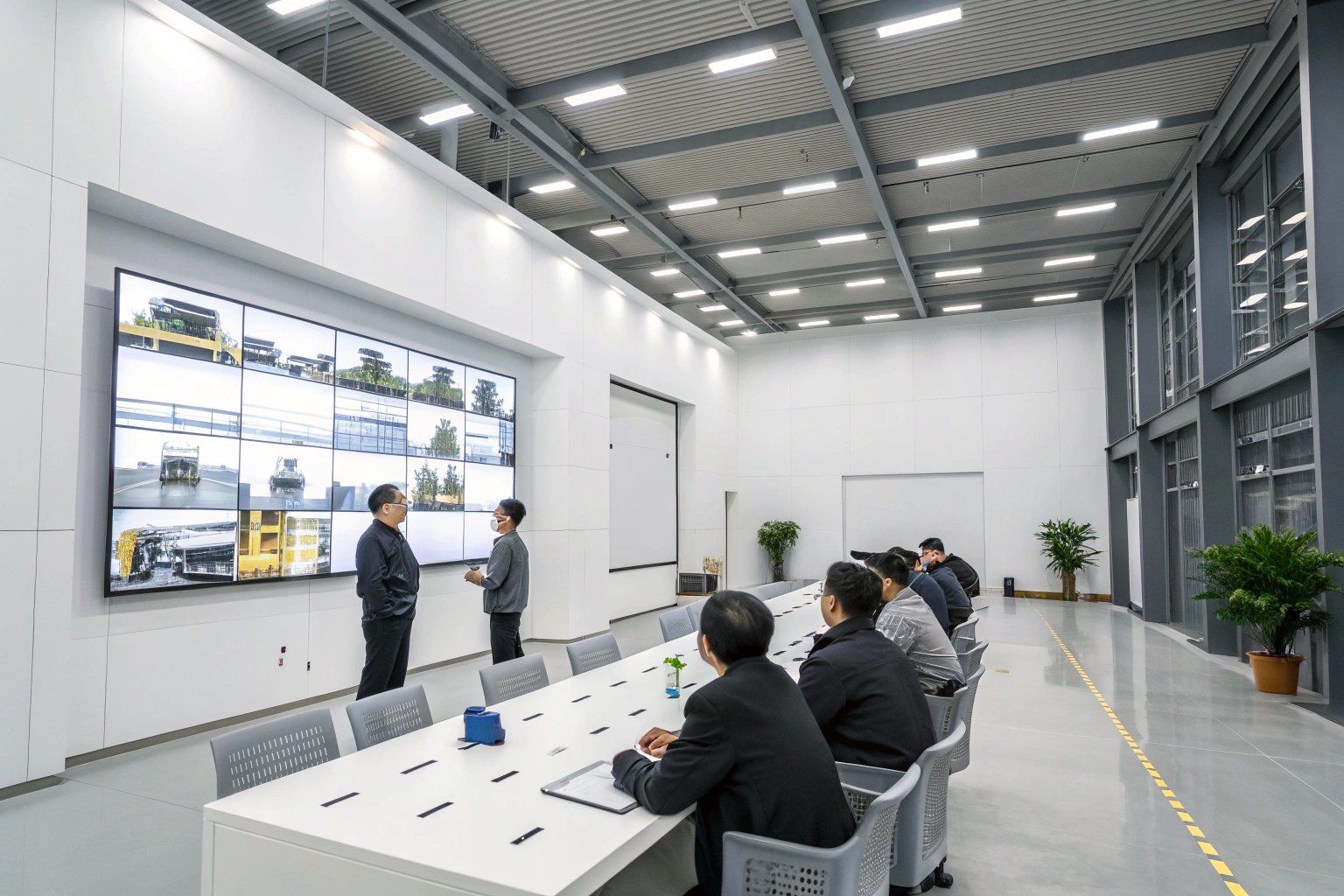 Industrial operations team reviewing multi-screen production monitoring wall in factory control room.