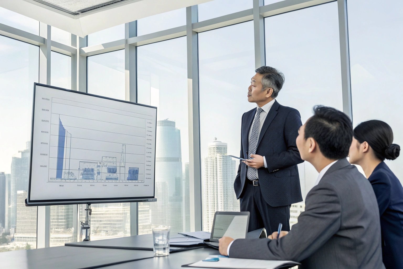 Business presentation with charts in modern office setting