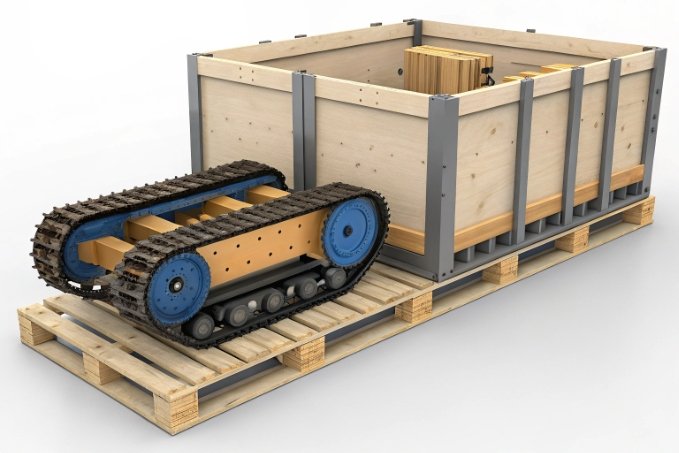 Tracked equipment in wooden crate