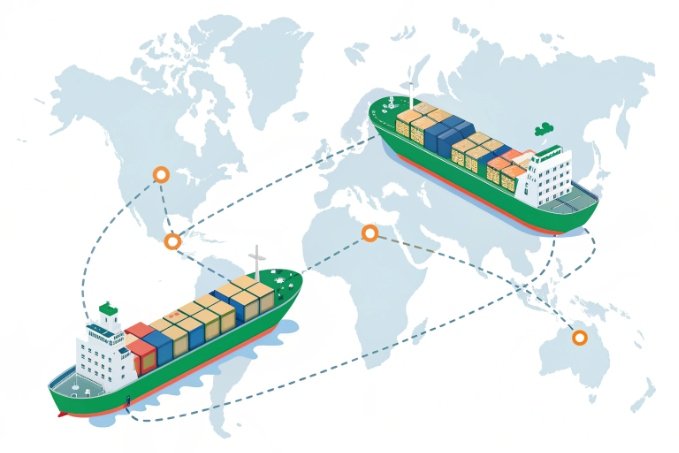 Illustration of cargo ships with international routes