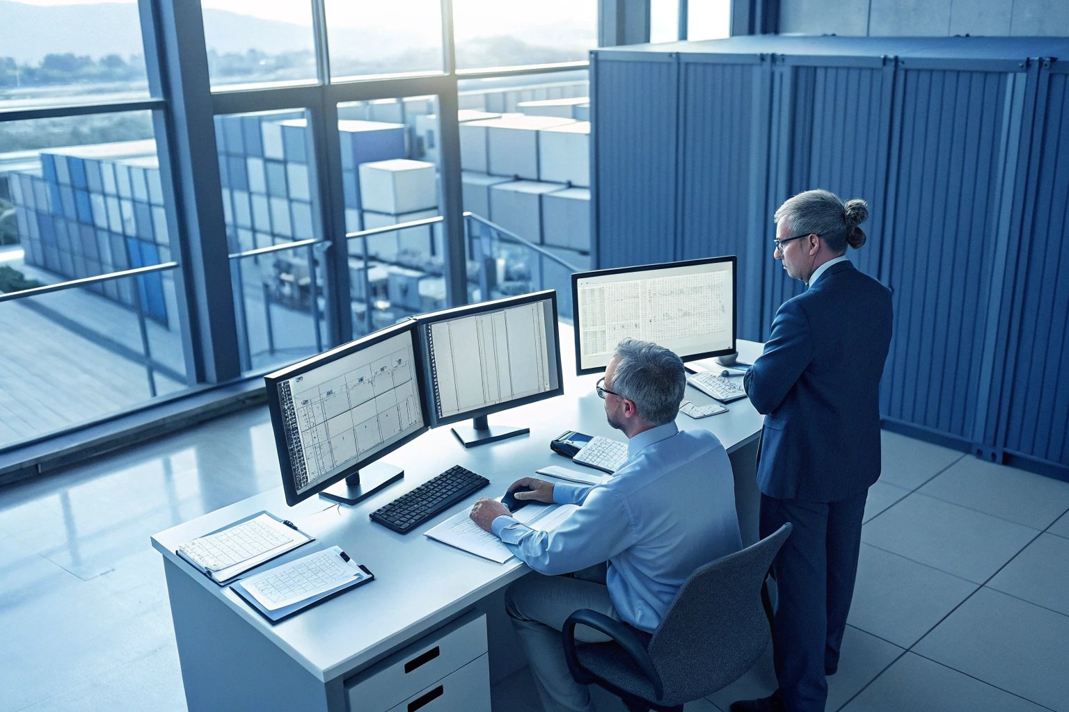 Two professionals analyzing data on multiple monitors