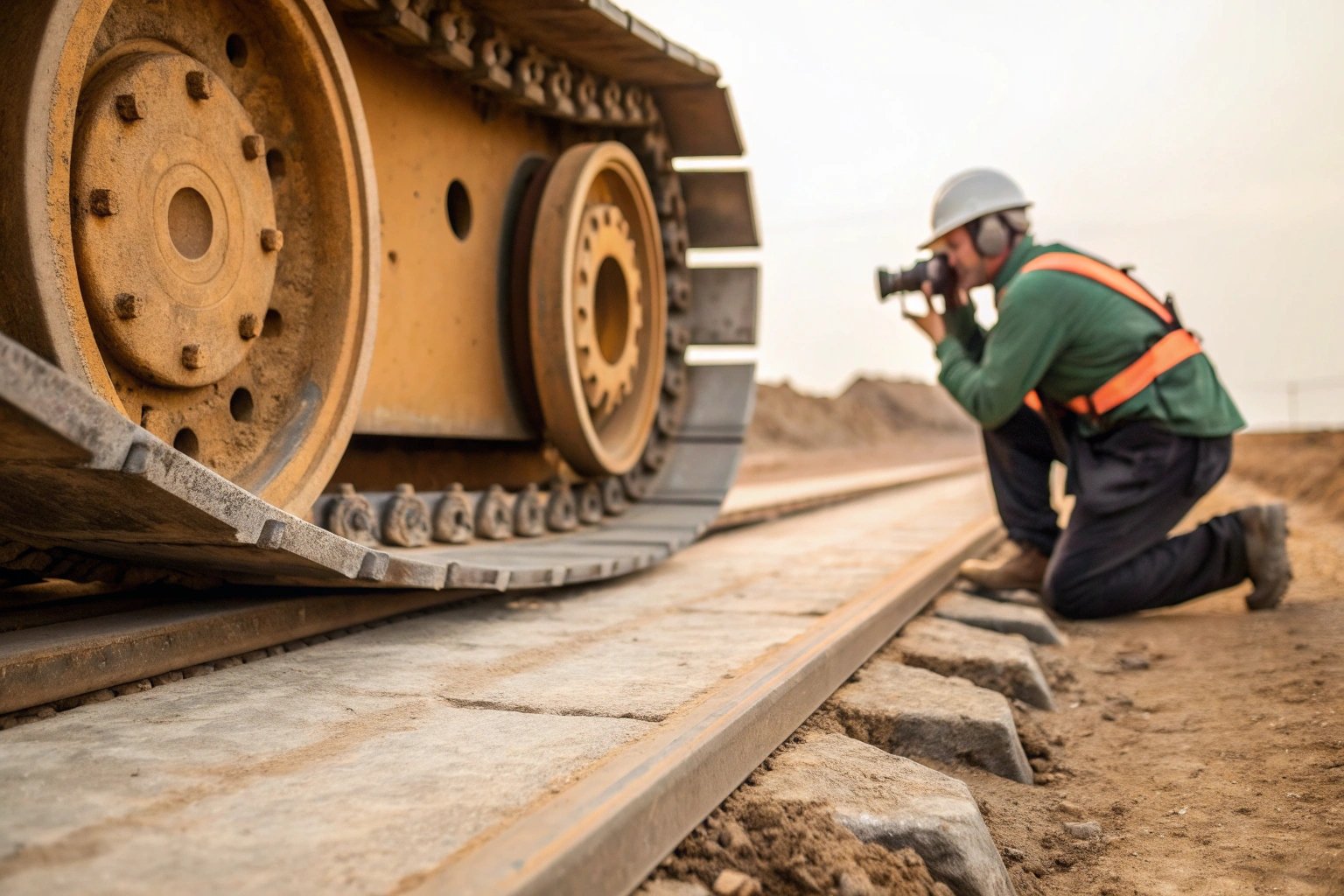 Photographer capturing construction machinery details.