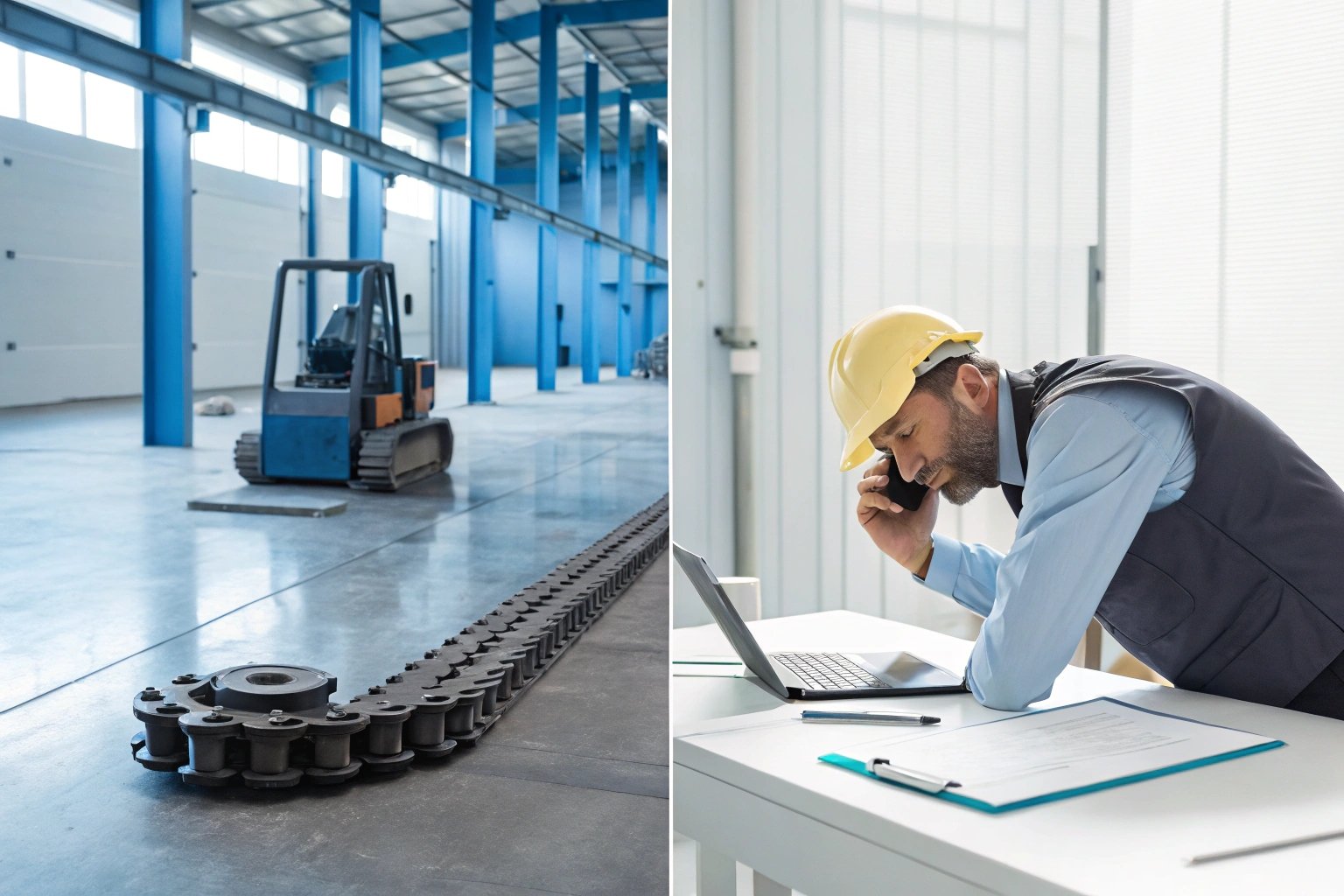 Tracked loader and conveyor chain in plant; engineer reviews operations on laptop