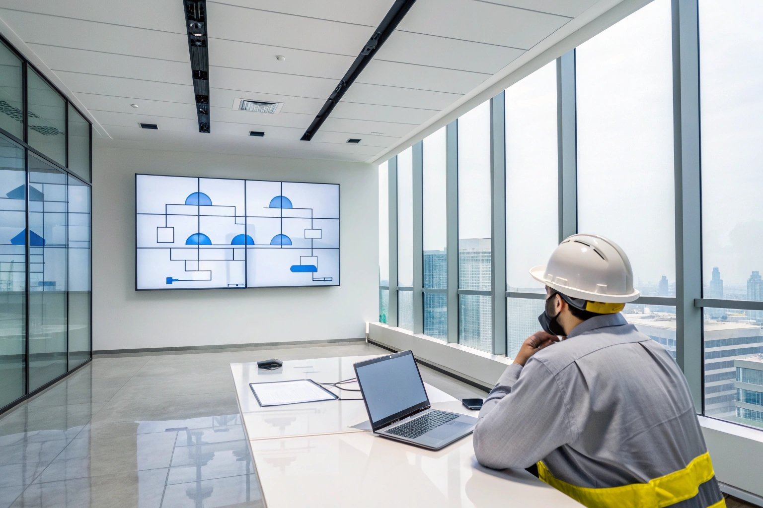 Architect reviewing building plans on screen