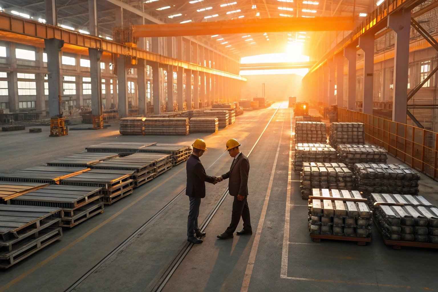 Industrial partners shaking hands on factory floor at sunset