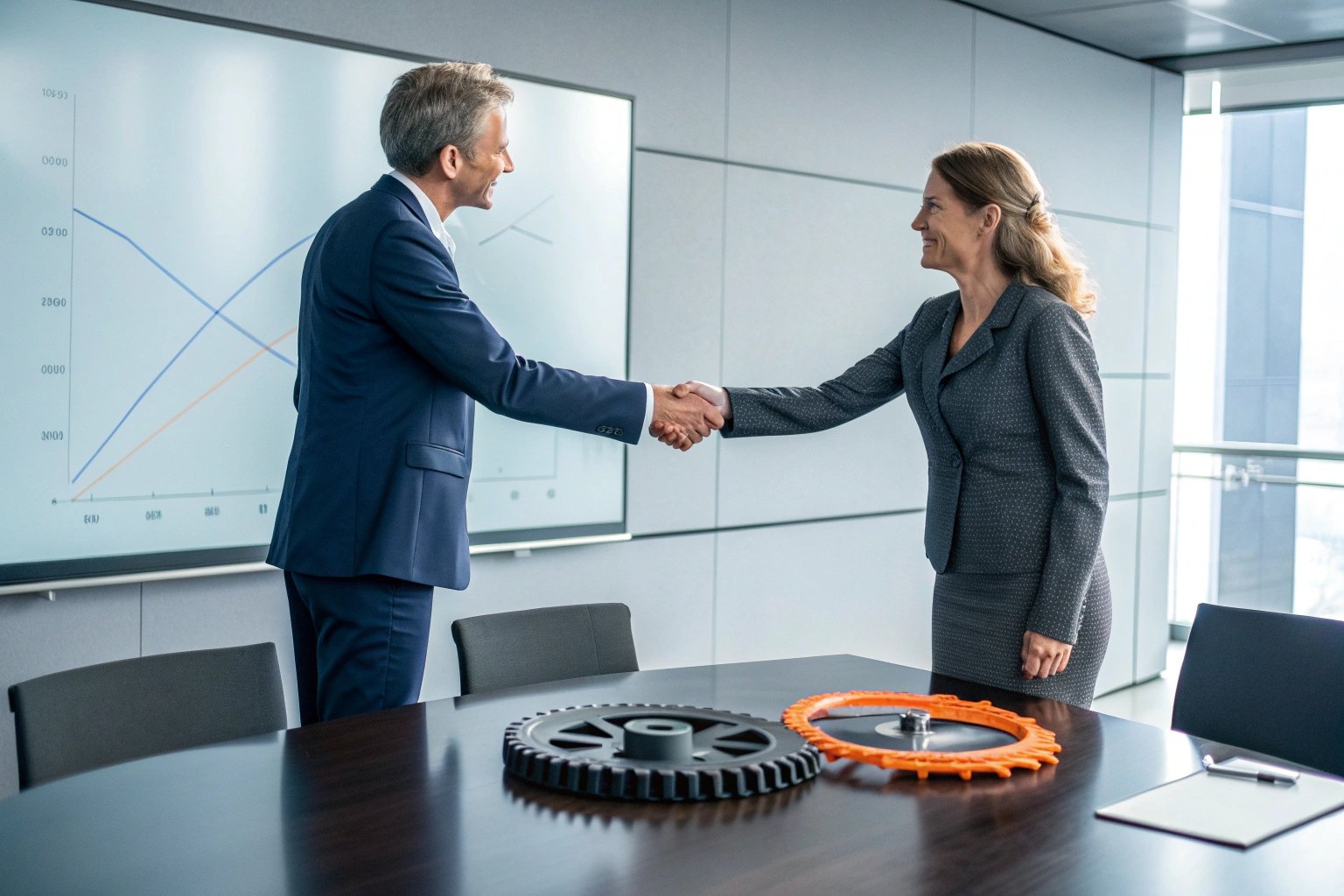 Industrial partnership handshake with gear components on table, growth chart behind