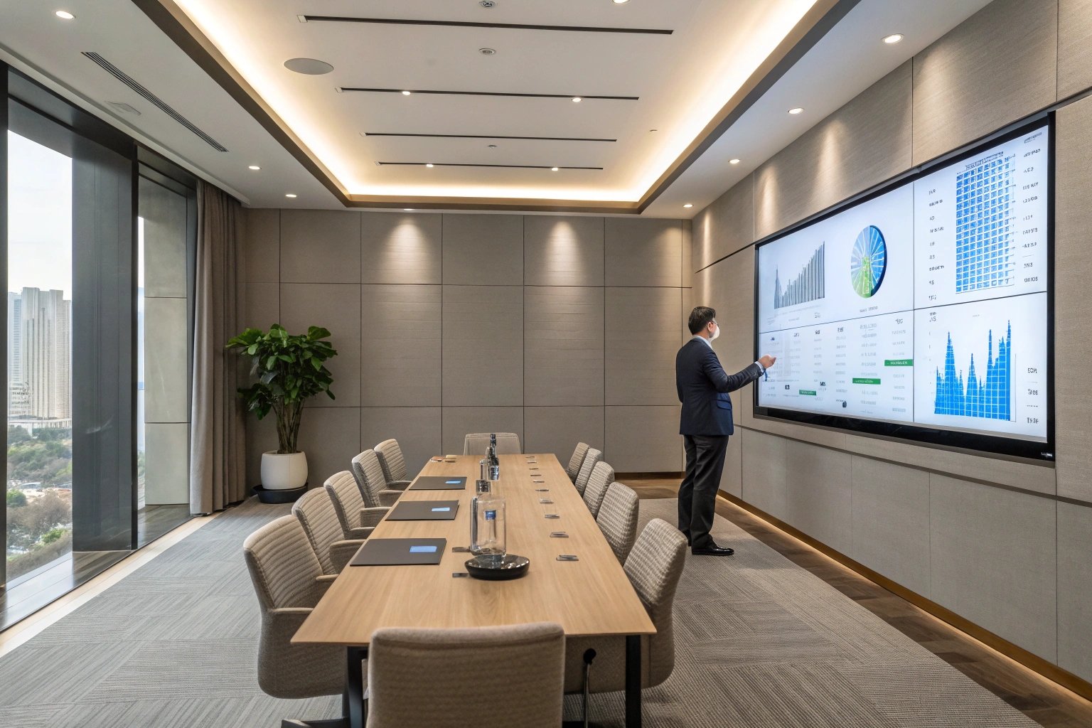 Executive presenting real-time manufacturing analytics on interactive boardroom display.