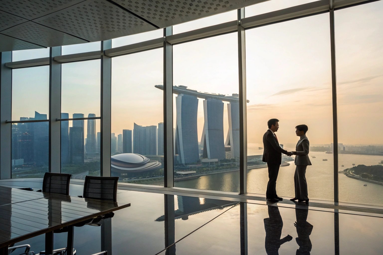 Business partners shaking hands overlooking Singapore Marina Bay skyline.