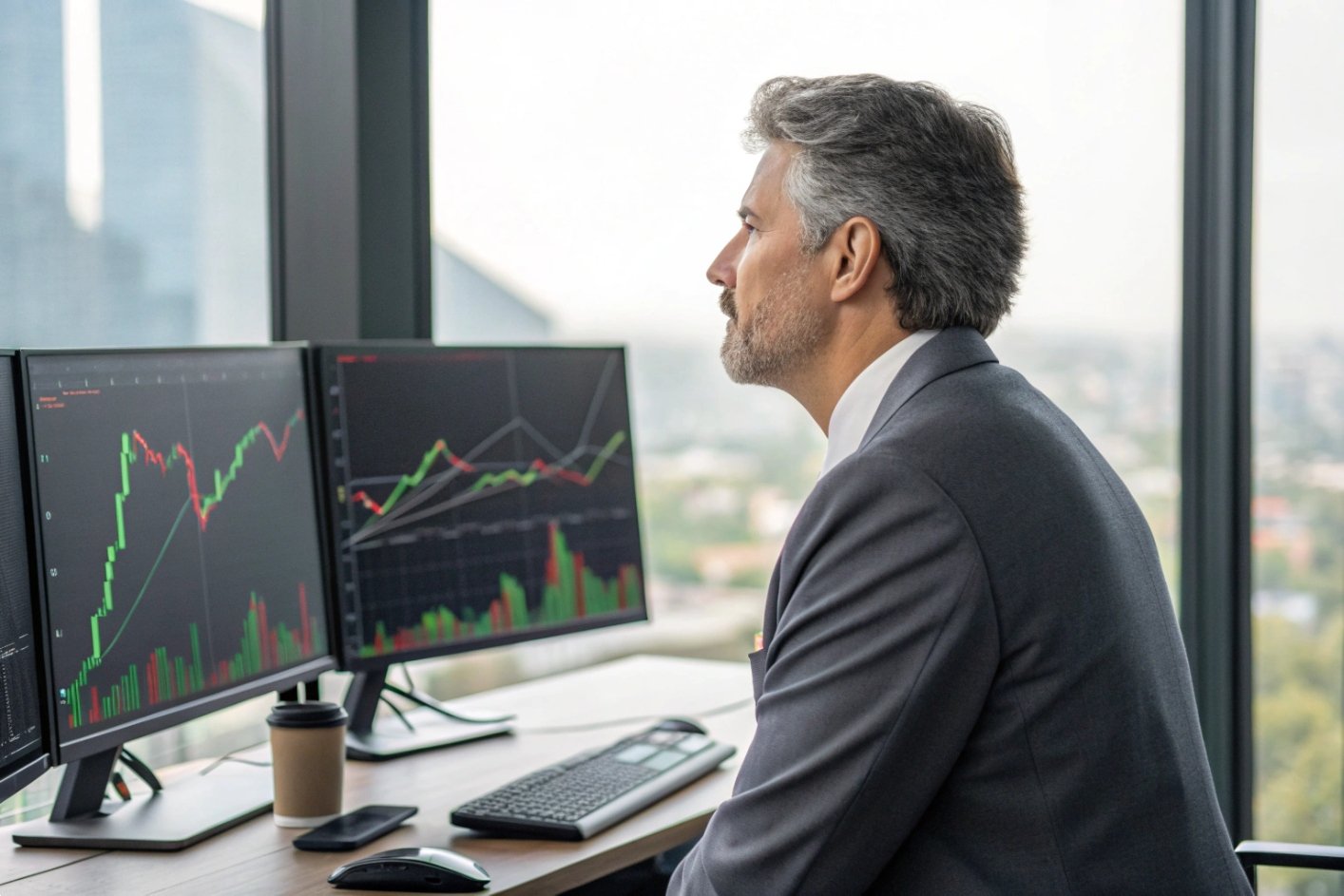 Trading workstation displaying commodity price charts on dual monitors.
