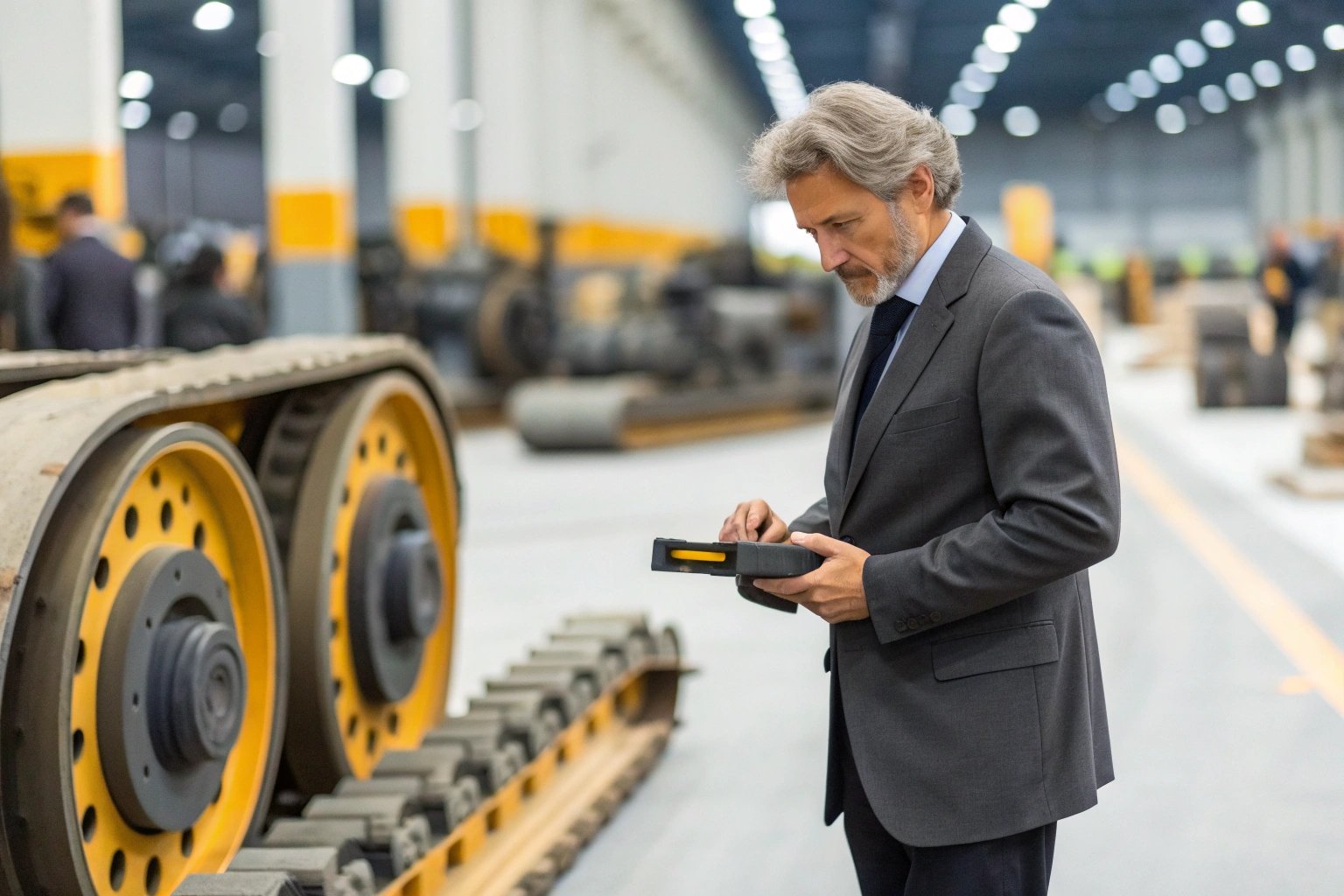 Executive performing quality inspection on crawler track assembly inside factory.
