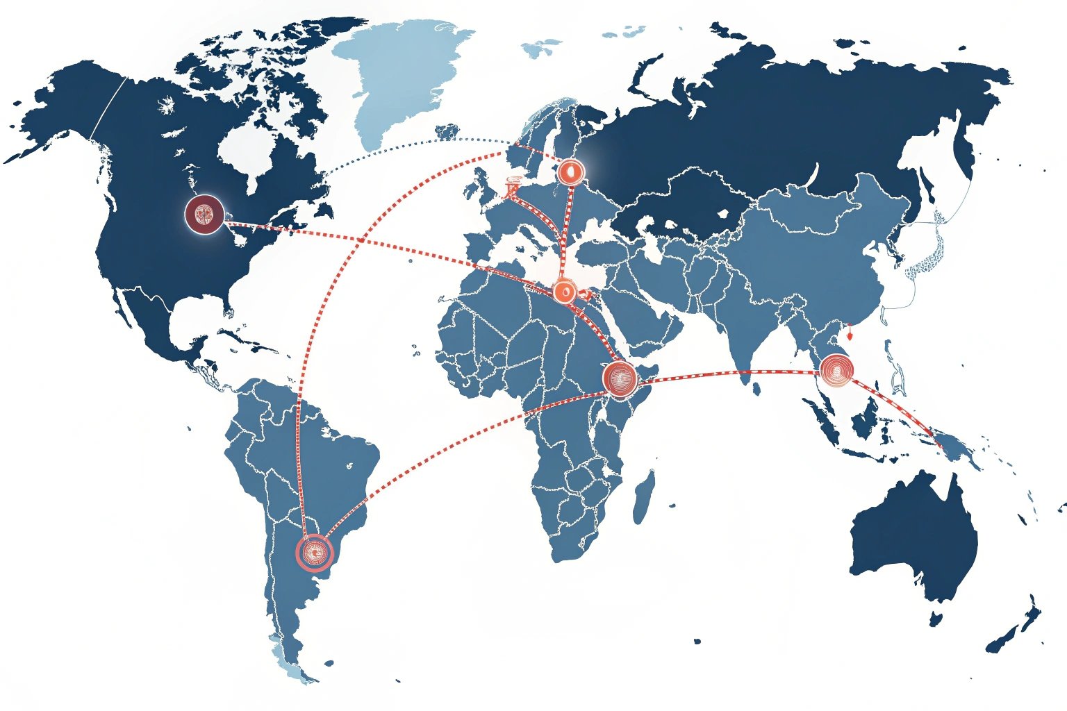 Global logistics network map with interconnected shipping routes and multiple locations