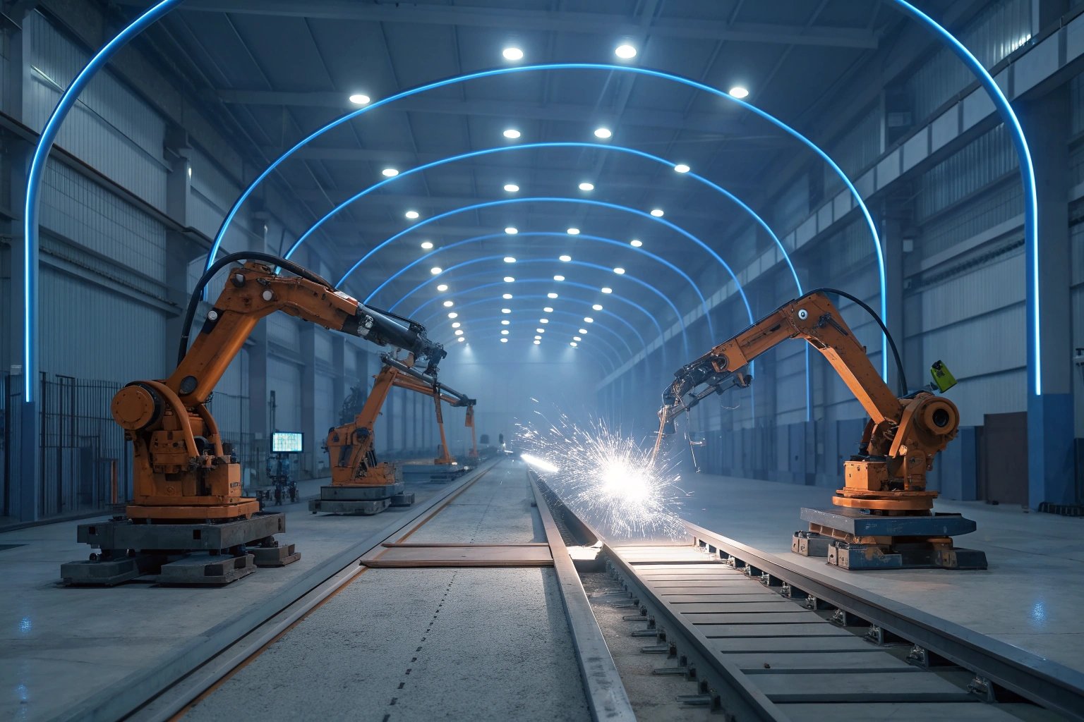 Robotic arms welding metal in futuristic factory setting with blue LED lights