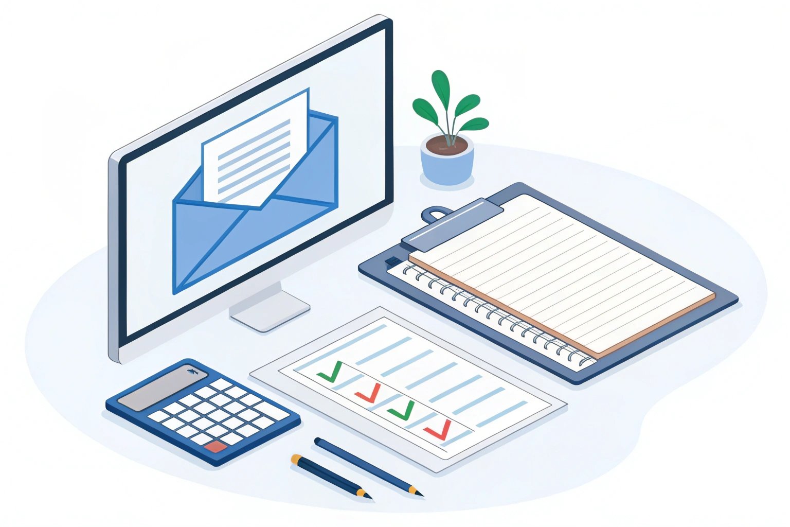 Office Setup Illustrated workspace showing email and checklist