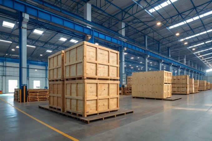 Large wooden crates in warehouse