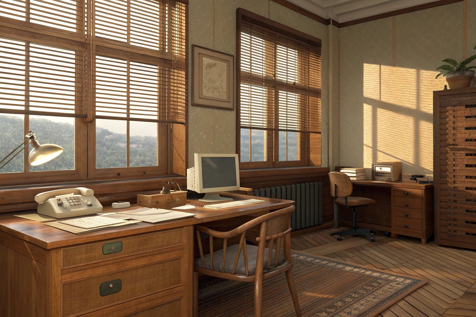Vintage Office Classic office setting with wooden furniture and natural light streaming in