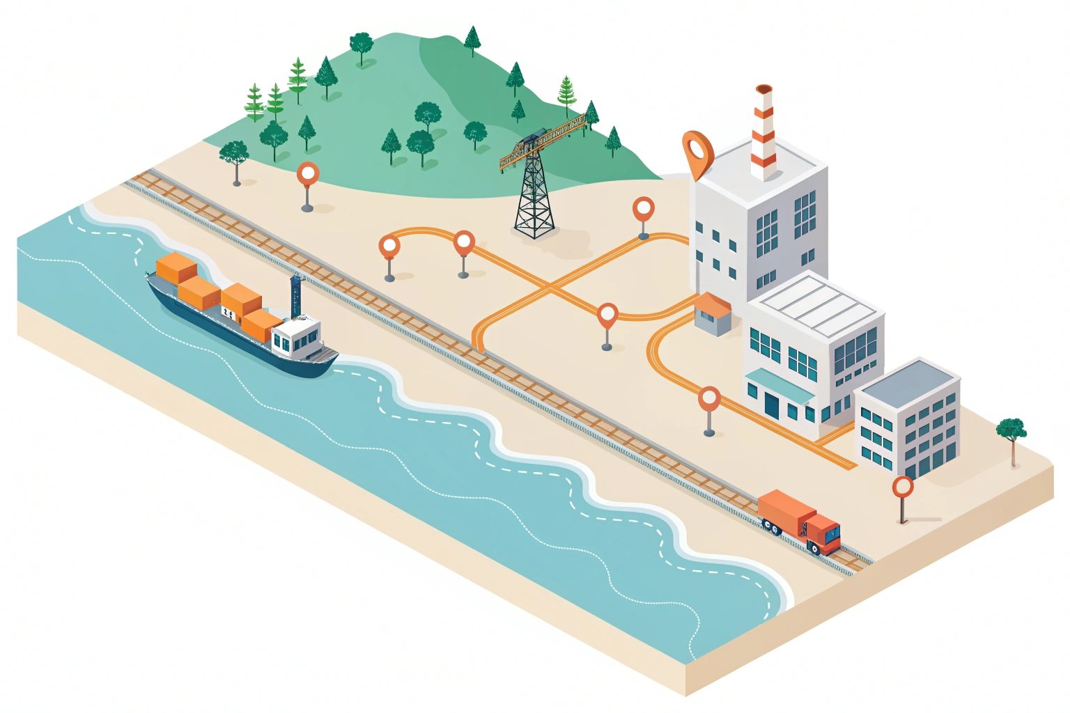 Factory and cargo ship isometric illustration