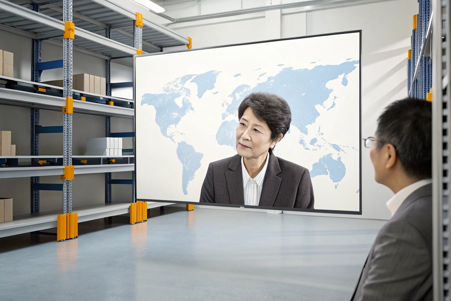 Businessman viewing presentation screen in warehouse with worldwide map display